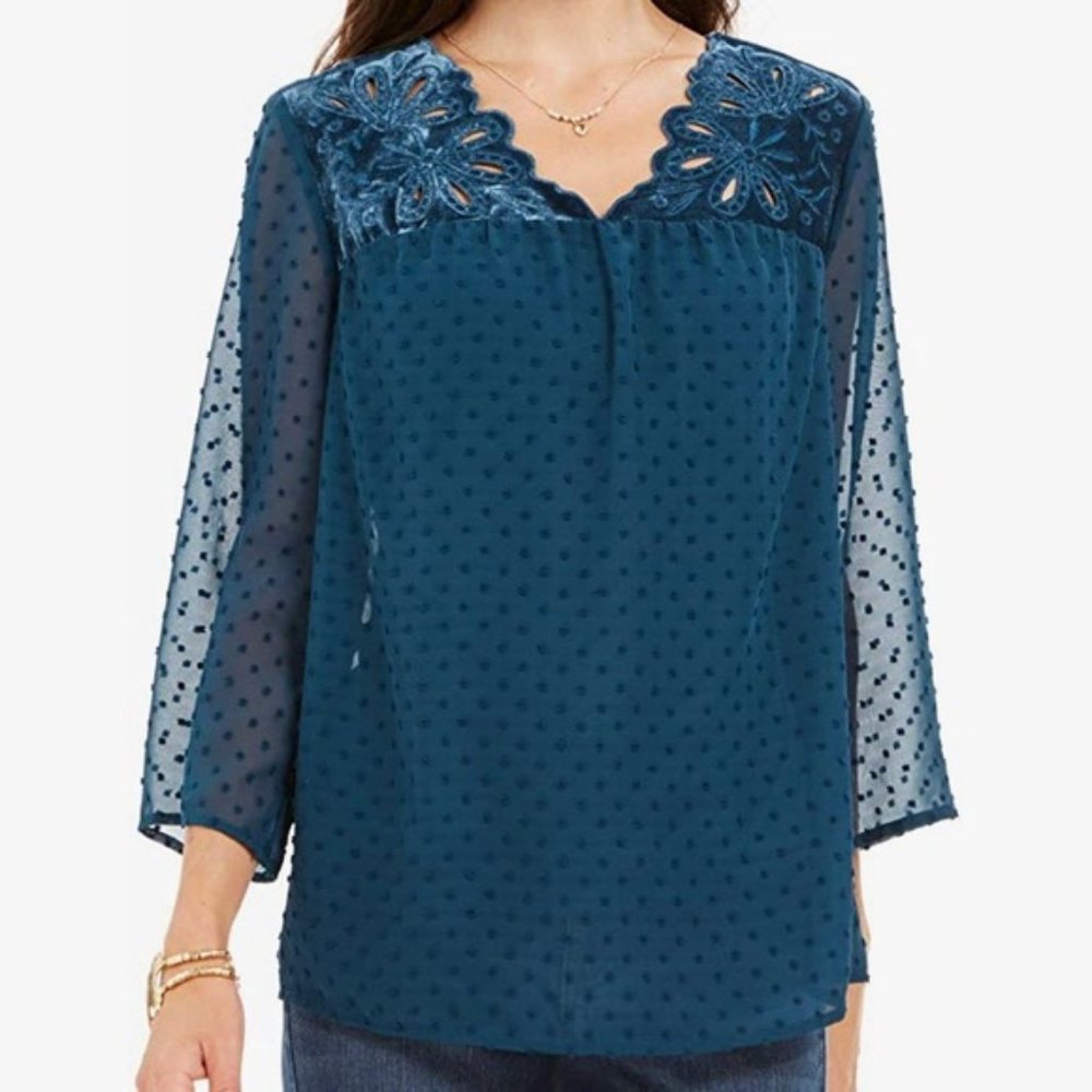 Style & Co Mixed-Media Sheer-Sleeve Blouse, M